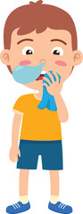 kid boy wipes his nose with a handkerchief