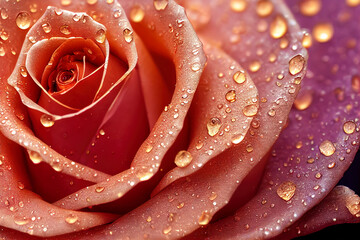 Close up image of tender beautiful delicate rose of pastel pink coral color with rain drops on petals. Made with blur style for background. Selective focus. 3D Rendering