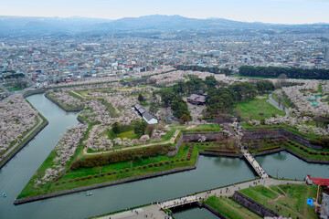 View of the tower observatory decks command the entire view of Goryokaku Park, the beautiful star shaped fort. Hakodate City, Hokkaido, Japan.
