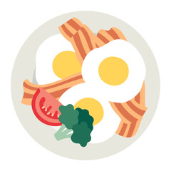 Low-carb meal on a plate: fried eggs and bacon with tomato and broccoli