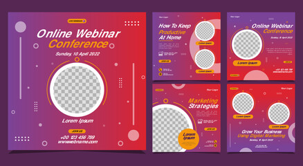 Creative design collection of social media story post templates on a dark purple gradient background. It is suitable for business webinar, marketing webinar, online class program, etc.