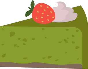 Green cake decorated with strawberries made of match. Sweet toppings on a white isolated background. Illustration in cartoon flat style. 