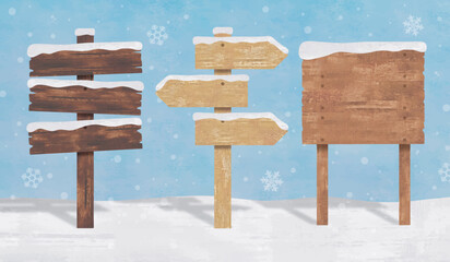 木の道標看板セットと積もる雪 - obrazy, fototapety, plakaty