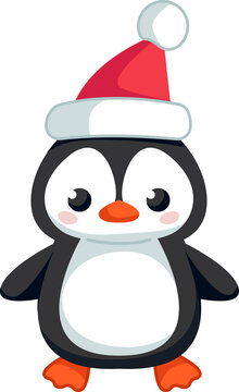 Penguin in santa hat in cartoon childish style. Isolated funny clipart on white background. cute print