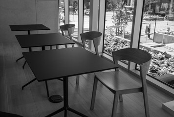 Empty modern classroom or training room with chairs and tables. Conference table, chairs at lobby