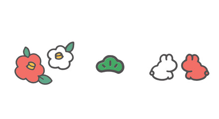 年賀状素材　卯年　椿　松　うさぎ　ベクター　イラスト　淡色　セット
