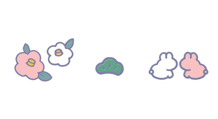 Obraz premium 年賀状素材 卯年 椿 松 うさぎ ベクター イラスト パステル ゆめかわいい セット