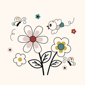 cute insects flying around beautiful flower vector