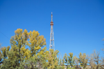 Huge city television tower antenna and autumn yellow leaves trees on blue sky. Front view