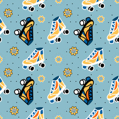 Cute retro roller skates. Vintage texture for wrapping paper. Cartoon 70s 80s comic style background. vintage hippie styled.