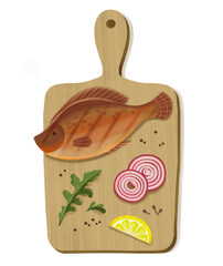 Chopping board of the cook. On it lie fried fish, lemon, onions and greens. Illustration for a restaurant or cafe.