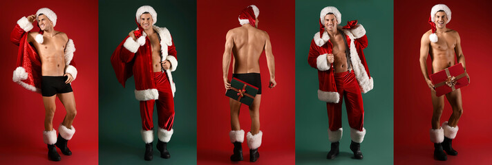 Set of sexy young man in Santa costume on color background - obrazy, fototapety, plakaty