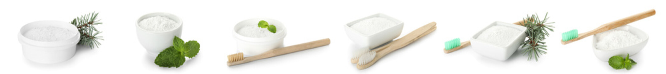Collage of tooth powder with bamboo brushes on white background