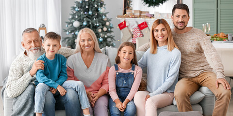 Happy big family at home on Christmas eve - obrazy, fototapety, plakaty