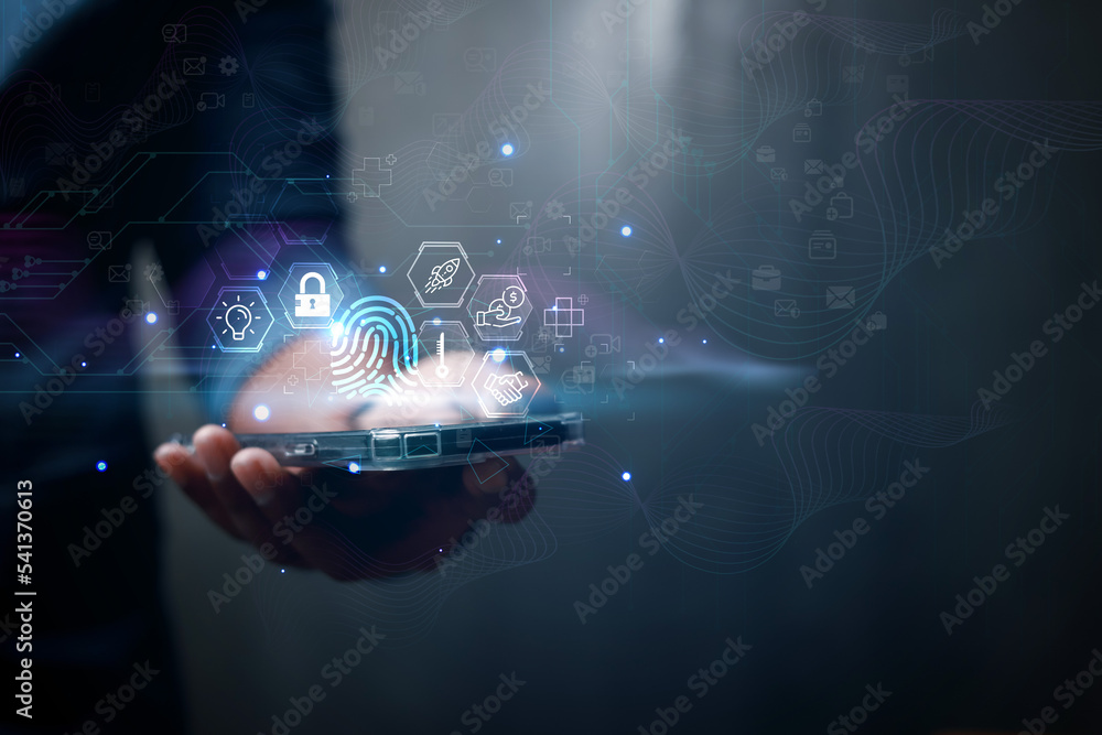 Aufkleber cybersecurity concept business man shows how to protect cyber technology network from attack by hack