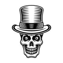 Gentleman skull in cylinder hat vector illustration in vintage monochrome style isolated on white background