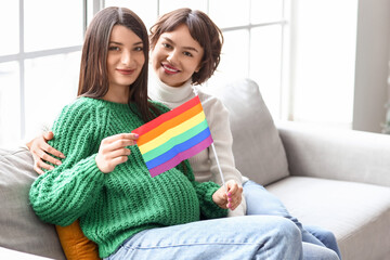 Young pregnant woman with LGBT flag and her wife at home