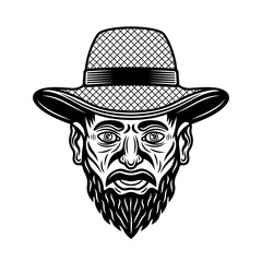 Farmer head in straw hat with mustache beard vector monochrome illustration in vintage style isolated on white background
