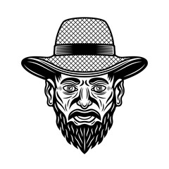 Farmer head in straw hat with mustache beard vector monochrome illustration in vintage style isolated on white background