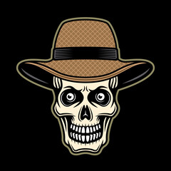 Farmer skull in straw hat vector illustration in colored style on dark background