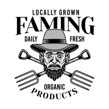 Farming vector emblem, logo, badge or label with farmer head and crossed forks in vintage monochrome style isolated on white background