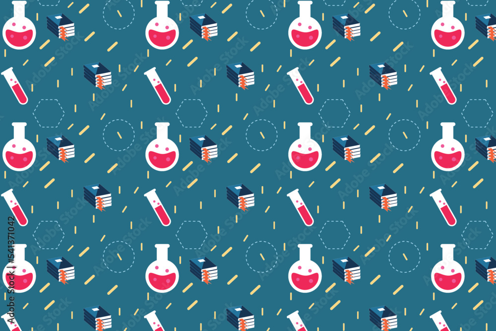 Poster educational pattern decoration with test tubes and book icons. study backdrop and book cover seamles
