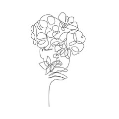 Woman Head with Flowers Line Vector Drawing. Style Template with Female Face with Flowers. Modern Minimalist Simple Linear Style. Beauty Fashion Design 