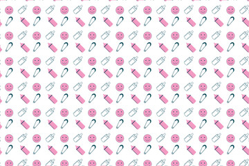 Endless baby pattern background design for backdrops, wallpapers, and book covers. Seamless childish pattern decoration with smiling faces and baby feeder icons. Abstract kid's pattern vector.