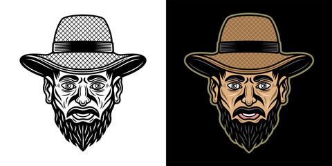 Farmer head in straw hat with mustache beard vector illustration in two styles black on white and colorful on dark background