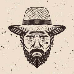 Farmer head in straw hat with mustache and beard vector illustration in hand drawn vintage style on background with removable grunge textures