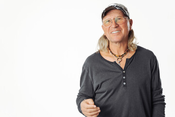 Portrait of happy mature man in glasses posing over white background happy face smiling looking at camera. Positive