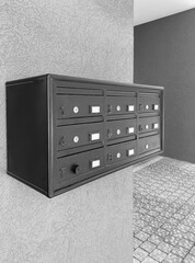 Modern mailboxes on grey wall in residential building