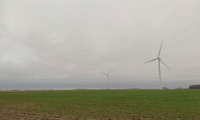 Fototapeta na wymiar Wind turbines in a field on a rainy day.