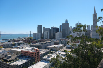 Panoramic scenic aerial view over San Francisco Bay Area with Golden Gate Bridge, downtown skyline...