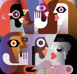 Gordijnen Een grote groep mensen die elkaar toevallig hebben ontmoet en nu met elkaar in gesprek zijn. Moderne kunst vectorillustratie, digitaal schilderen. ©  danjazzia