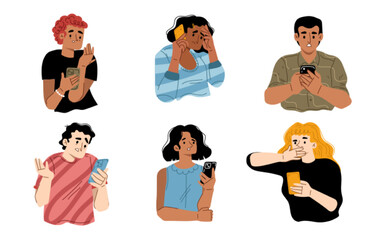 People receive bad news from mobile phone. Diverse sad, confused, anxiety and scared characters looking at smartphone in shock isolated on white background, vector hand drawn illustration