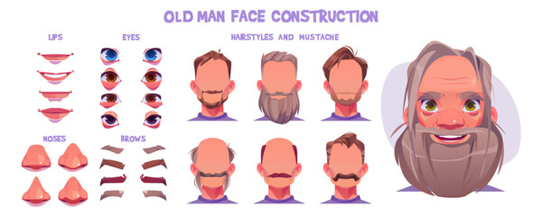 Old man face animation constructor, cartoon elderly male character creation set with various hairstyles, eyes, noses, lips, eyebrows, beards or mustaches, isolated aged white personage, Vector kit - obrazy, fototapety, plakaty