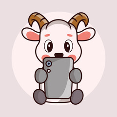 Cute baby goat cartoon play a smartphone