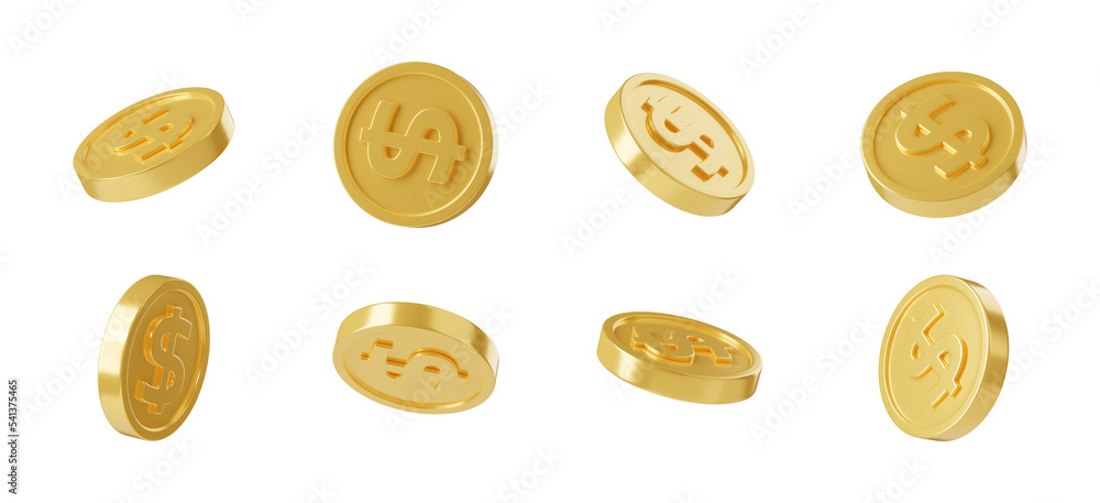 Poster 3d render dollar coin in different positions for animation isolated on white background. golden meta