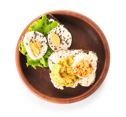 Bowl and toasts with boiled egg on white background