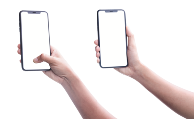 Woman hand holding mobile smartphone with blank screen and isolated on white background on white background.