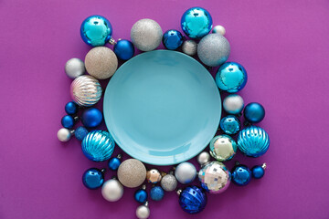 Composition with plate and Christmas decor on color background