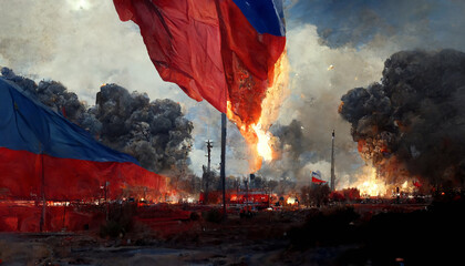 Russian flag over fire and blaze of missile bomb