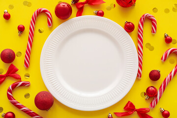 White plate with red Christmas decor and confetti on yellow background