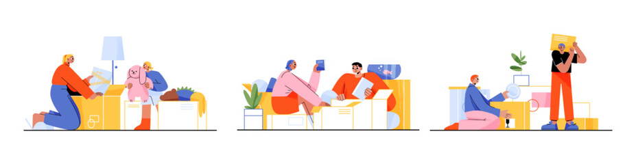 Family move to new house or apartment. Happy people, couple and woman with child packaging home stuff, toys and books into cardboard boxes, vector flat illustration isolated on white background