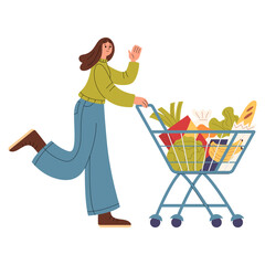 Running woman with a shopping cart full of goods