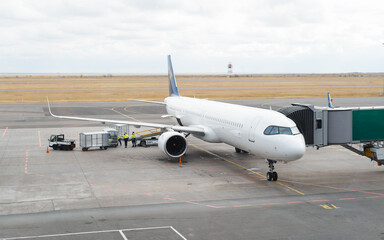 Fototapeta na wymiar Passenger aircraft on runway near telescopic ladder. Airport, air transport preparing for flight