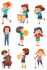 Set of different kids playing music