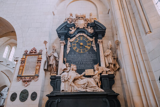 25 July 2022, Munster, Germany: Famous astronomical clock in Saint Paulus Dom Cathedral interior view. Sightseeing and tourism in North Rhein Westphalia and Muenster