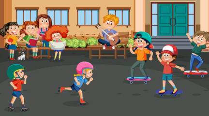 Children playing skateboards cartoon